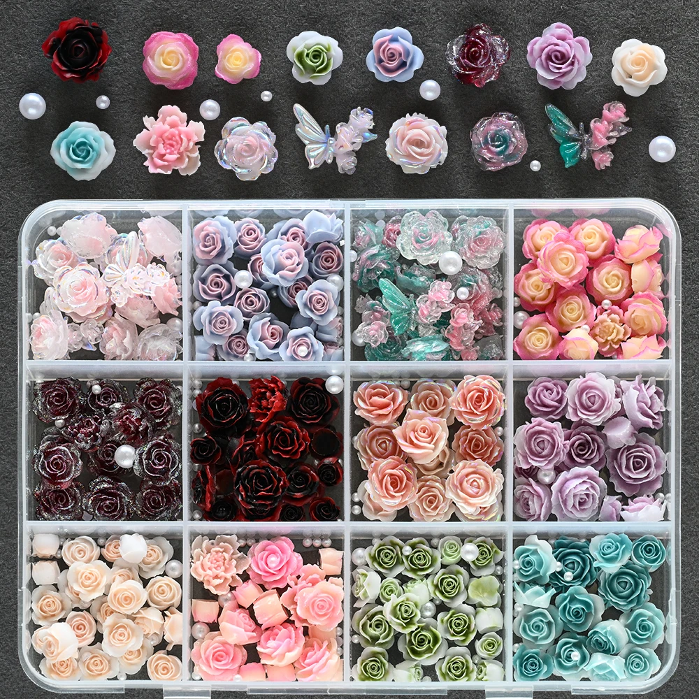 1Boxes 3D Mix Sizes Blossoming Rose Flowers Nail Charms Resin Adhesive Nail Art Rhinestones Decorations Manicure Accessories