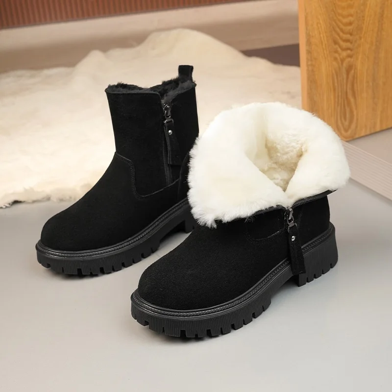 DRKANOL Classics Winter Snow Boots Women Cow Suede Thick Heel Chunky Platform Natural Wool Shearling Fur Warm Ankle Boots H36455