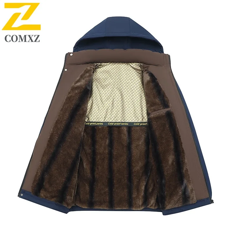COMXZ سميكة القطن وسادة مبطنة الأعمال الفاخرة مقنعين السفر الثلجي وسادة مبطنة 2025 الراقية الشتاء سترة ملابس للرجال