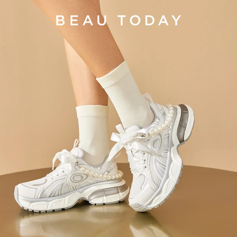 BEAUTODAY Chunky Sneakers Women Patchwork Mesh Ribbon Lace Up Pearl Chain Thick Sole Female Platform Shoes Handmade HW29A12