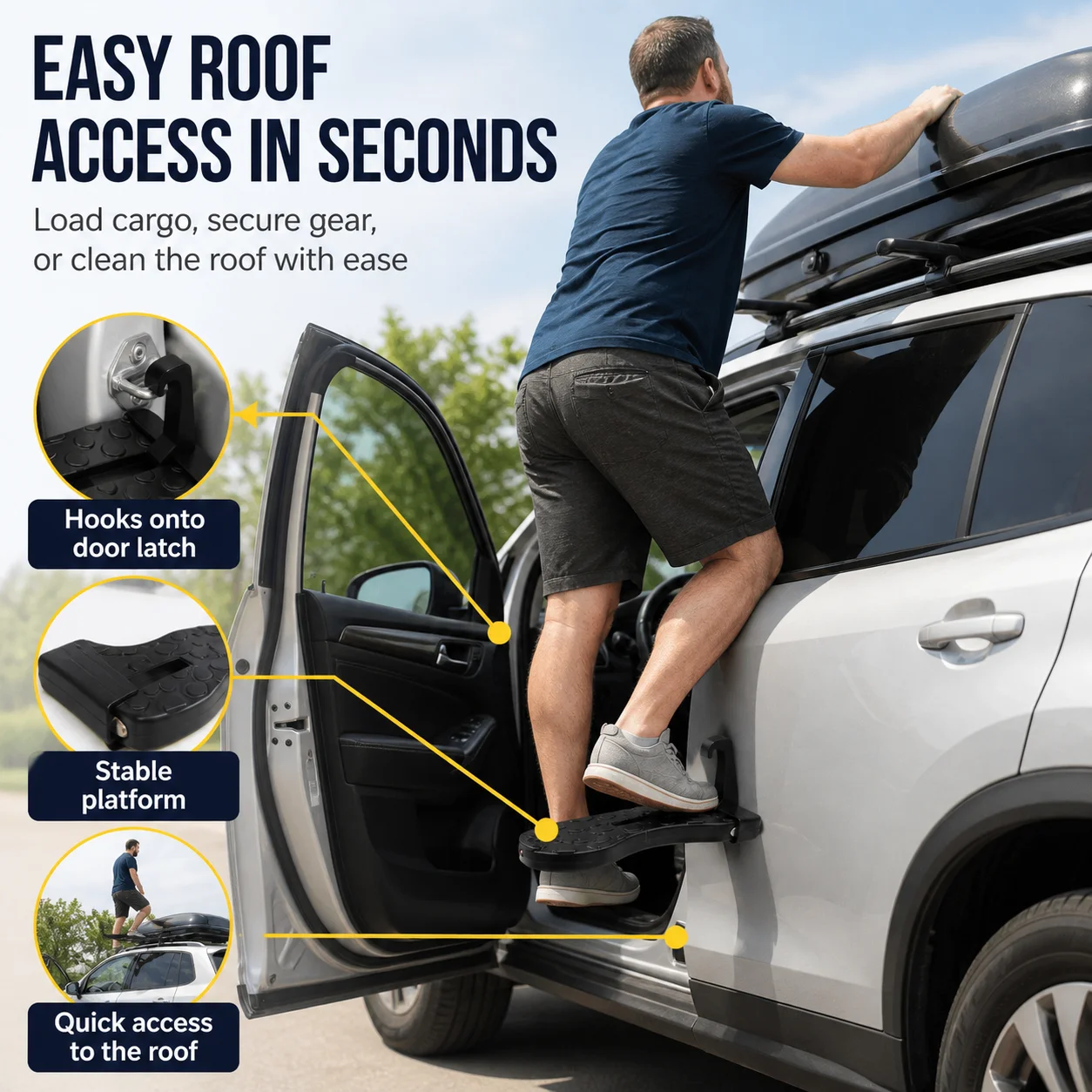 Foldable Car Door Step Pedal with Safety Hammer, Anti-Slip Roof Access Step, Portable Universal for SUV, Truck & RV