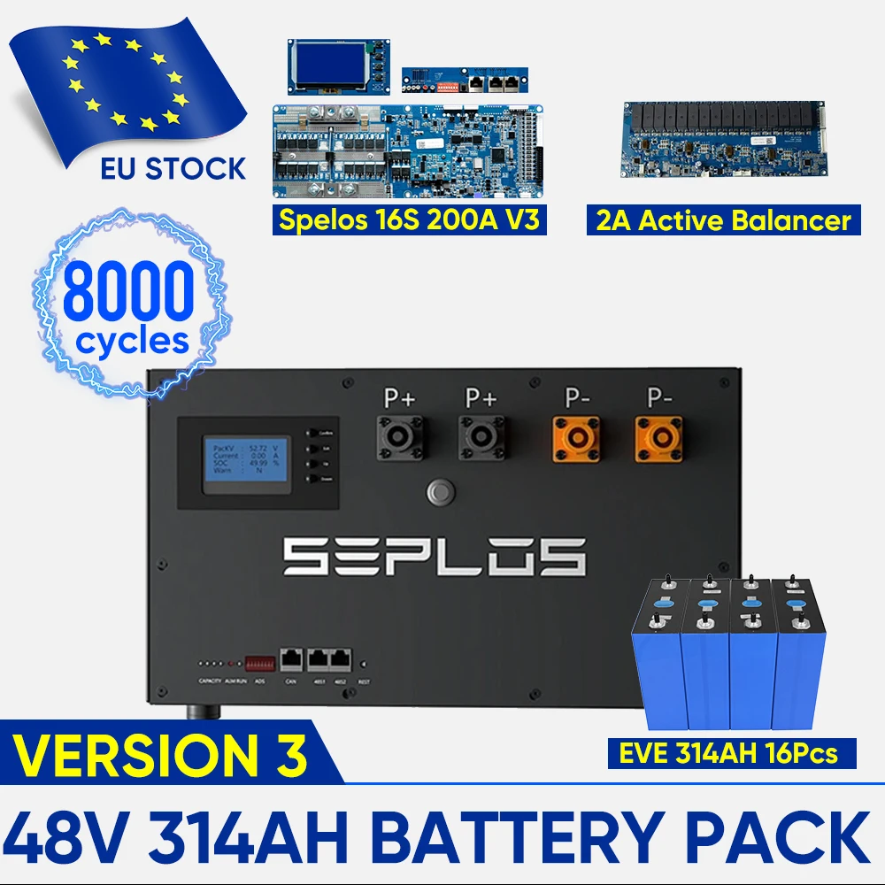 Seplos 48V 314AH Battery Pack DIY Kits EVE MB31 320AH 330AH with Active Balancer 2A Smart BMS 51.2V LiFePO4 Case Box Mason