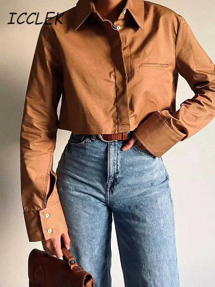 

Traf Y2k Crop Tops Solid Short Blouse Vintage Single Breasted Lapel Neck Long Sleeves Female Chic Lady Shirts 2025 Summer Tops