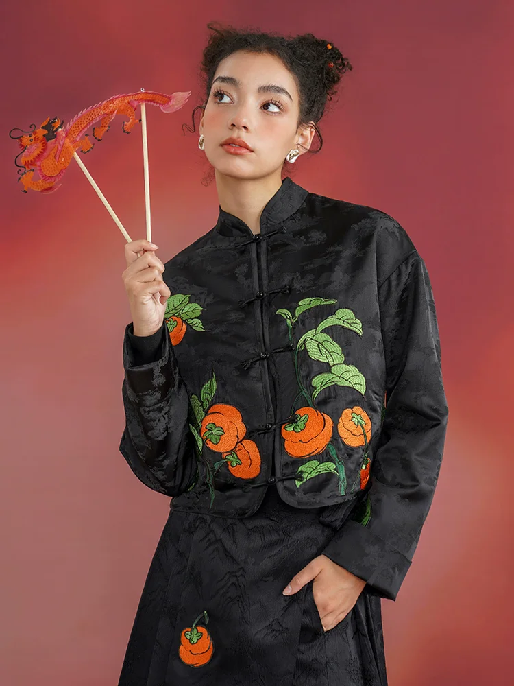 103-111cm busto primavera verão feminino elegante delicado estilo chinês botões caqui bordado casacos curtos