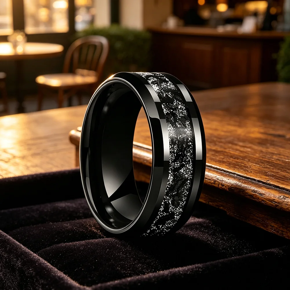 8mm schwarzer Titan-Chip-Inlay-Wolframcarbid-Ring, Verlobungs- und Eheringe für Männer und Frauen, abgeschrägter Modeschmuck, bequeme Passform – Detail 3