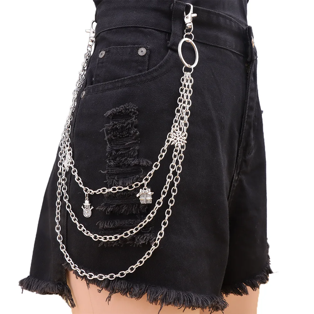 personality multi-layered Christmas elements, snowman, snowflakes Metal Belt Chain Fashion Trousers Pant Waist Metal Chain Keych