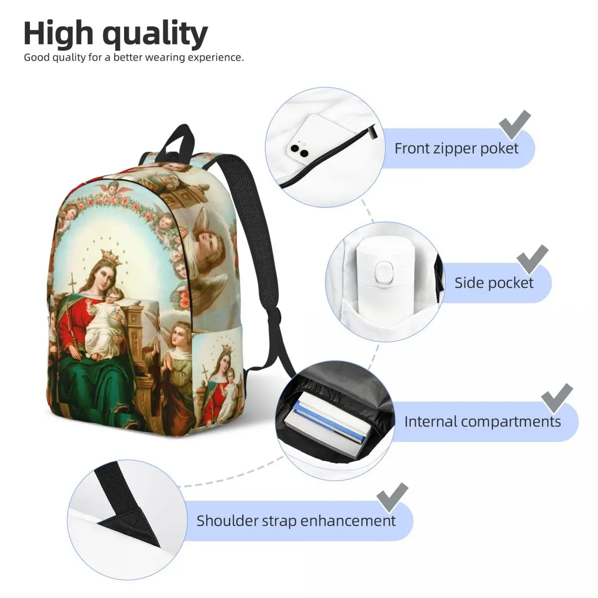 مخصص 3D الطباعة مريم العذراء قماش حقائب الظهر الكاثوليكية المسيحية كلية حقائب السفر المدرسية حقيبة الكتب يناسب كمبيوتر محمول 15 بوصة #5