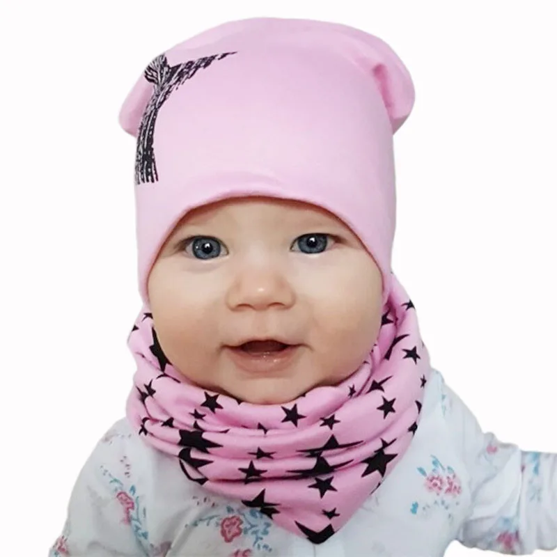 Spring Autumn 2PCS Baby Beanie Hat Scarf Stars Print Warm Toddler Hat Scarf for Girls and Boys Infant Hats Set Kids Skull Caps