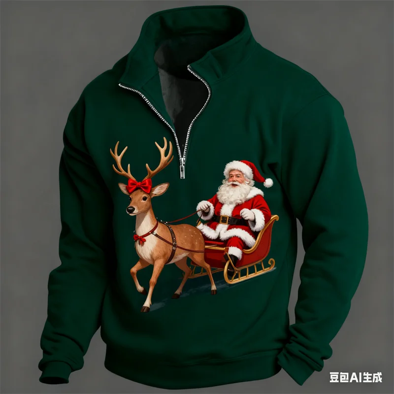 

Autumn Men's Half-Zip Stand Collar Shirt 3D Cute Santa Claus Printed Unisex Clothing Funny New Year X'mas Party Long Sleeve Tops