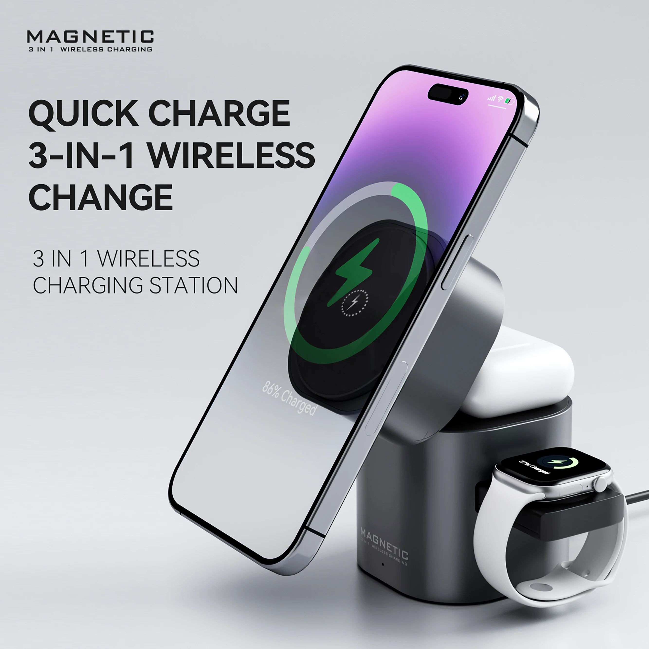 Qi2 15W 3 in 1 Charging Station Charger Adjustable Portable Fast Wireless Charger Dock for  iPhone Multi Device Compatibilityz