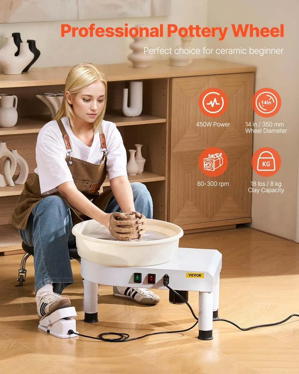 

14in Pottery Wheel 450W Professional Kit with Foot Pedal Detachable Basin for Adults Beginners