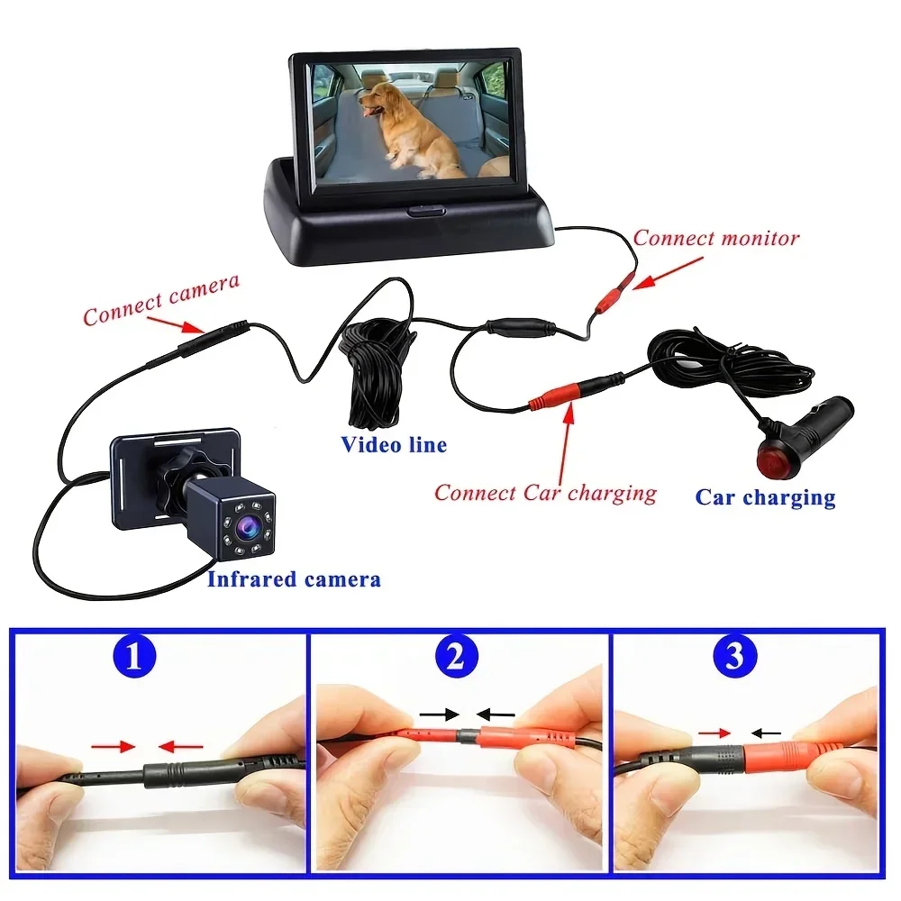 QueenDer 4.3" Kamera Keamanan Kursi Mobil Lipat - Monitor Cermin dengan Penglihatan Malam, Rotasi Belakang & Plug-and-Play