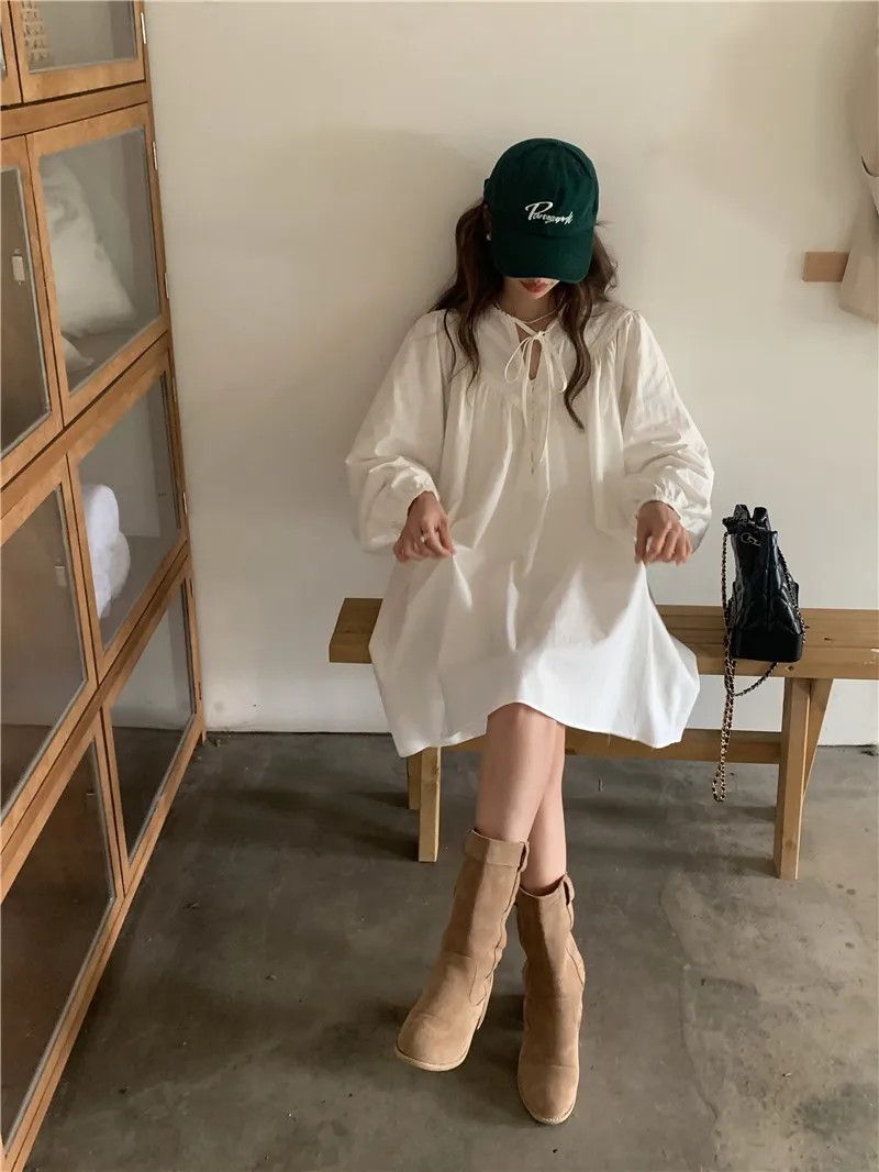 Vestido de manga comprida estilo coreano com costura de renda, solto, comprimento médio