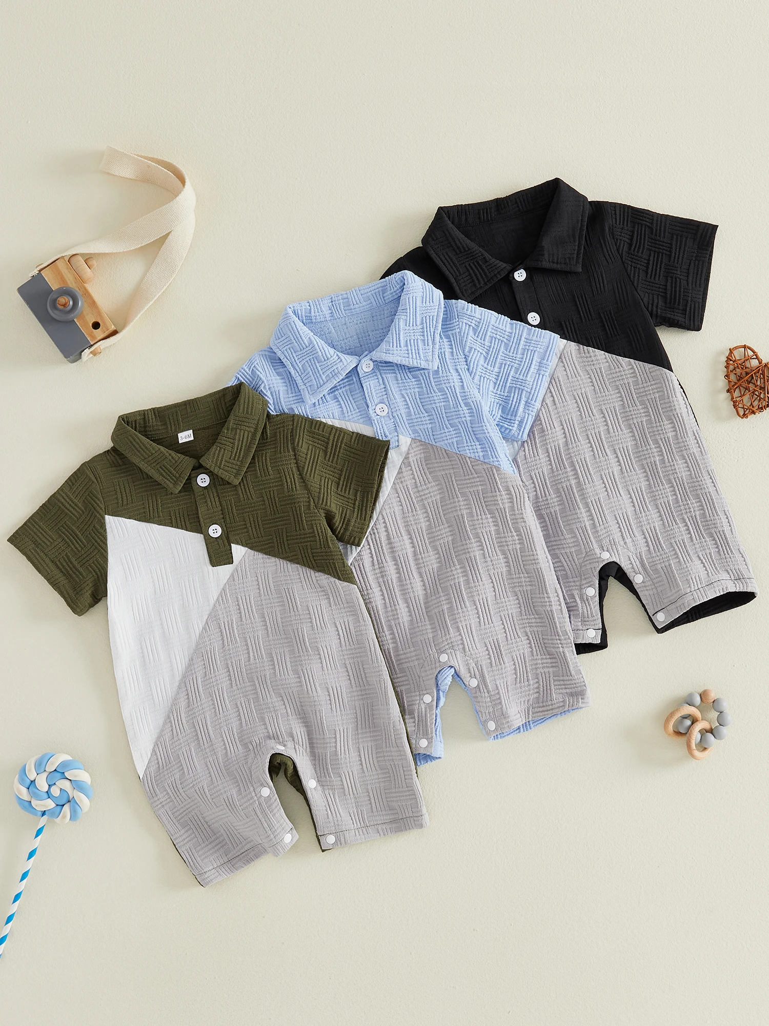 

Infant Boys Stylish Romper with Short Sleeves and Lapel Collar Perfect for Summer Outings and Playdates - Adorable Newborn