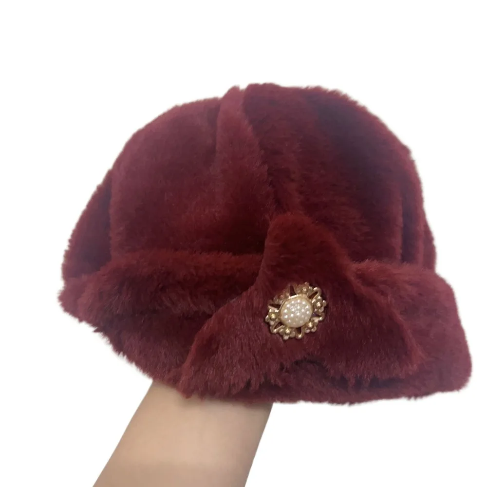 

Solid Color Faux Rabbit Fur Women Winter Hat Thickened Keep Warm Middle-aged Cap Pearl Flower Decor Bucket Hats Autumn Winter