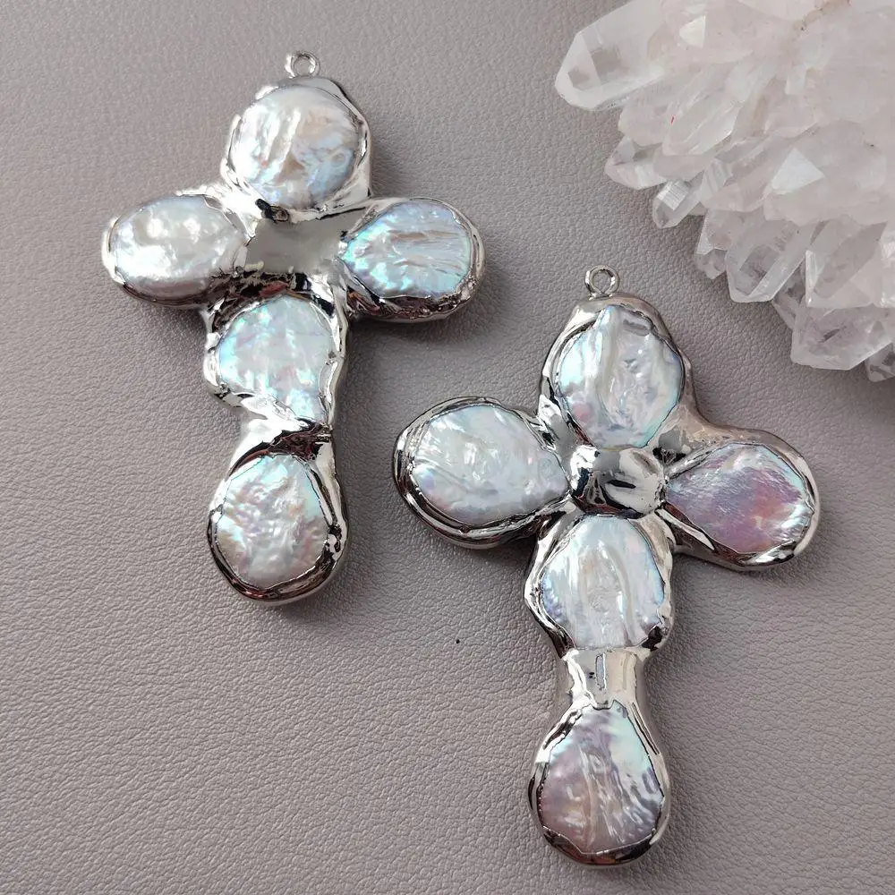 

3 Pcs Cultured White Coin Pearl Cross Charm Pendant For DIY Making