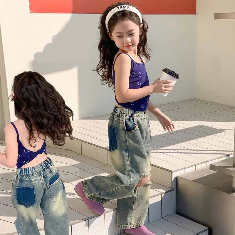 2024 Girl's Jeans Summer Children Retro Style Wide Leg Pants Children Autumn Clothes for Girls Boy Clothes