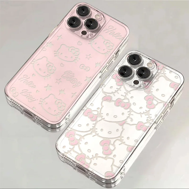 Hello Kitty Full Screen KT Shining Phone Case for IPhone 15 14 13 Pro Max Y2K Sanrio Couple Anime Transparent Cover Gift