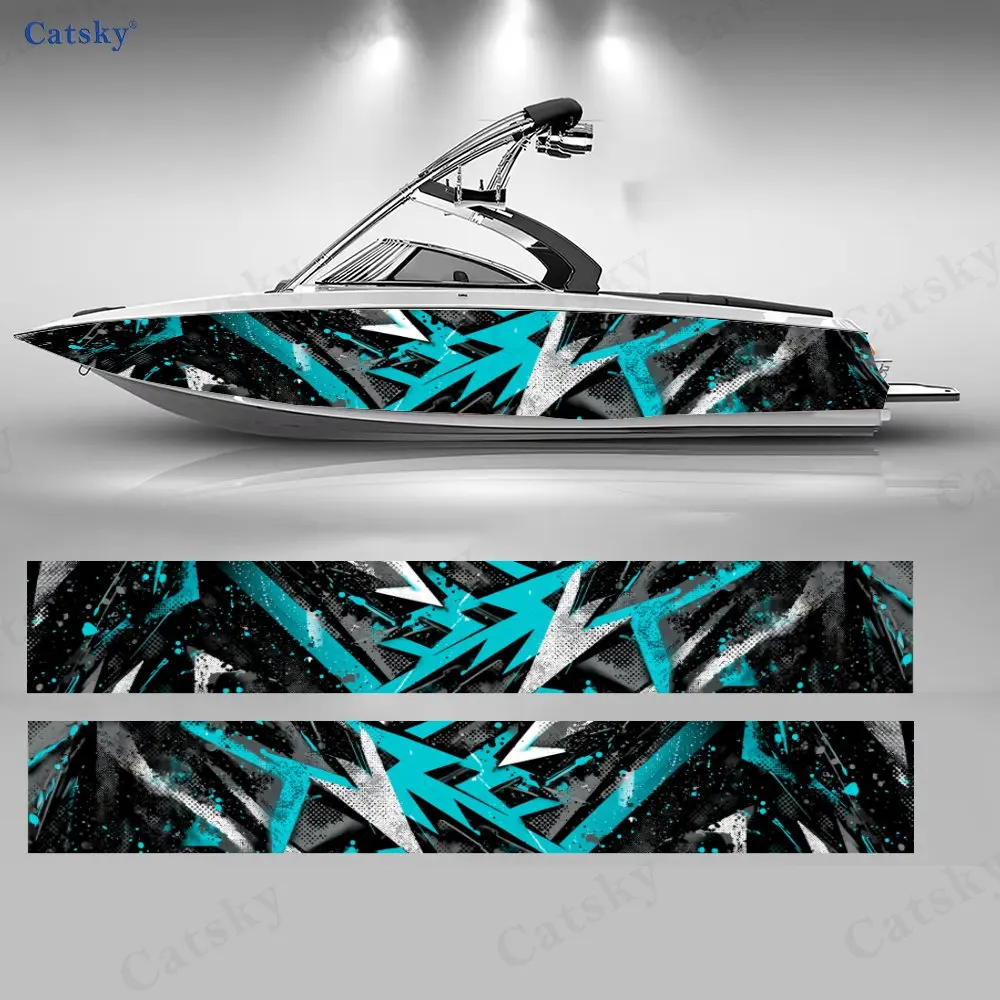 2Pcs Cyan & White Sharp Graffiti Boat Stickers, PVC Waterproof Vinyl Wrap Decals for Fishing Boats, Durable and Stylish Design