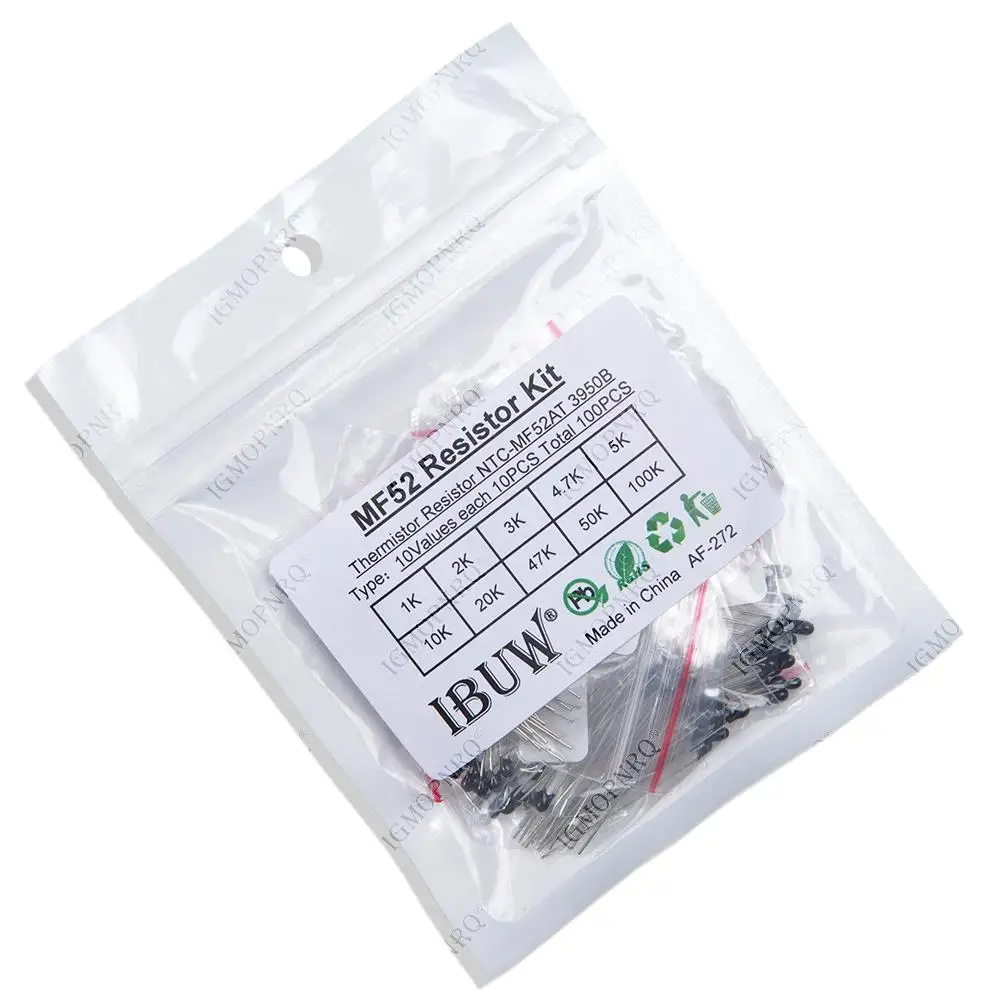 100PCS=10value*10pcs NTC Thermistor Resistor Kit  NTC-MF52AT 1K 2K 3K 4.7K 5K 10K 20K 47K 50K 100K +-5% 3950B