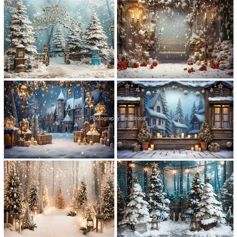 

Christmas Tree With Gift Boxes Photography Backdrops Winter Snow Decorations Wooden Door Fireplace Room Background Props WR-22