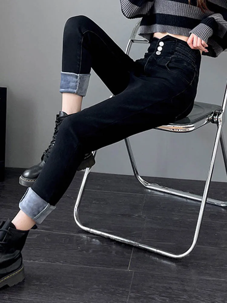 Hoge taille dikker potlood jeans Koreaanse mode mager fluweel gevoerde denim broek winter warm stretch vintage casual vaqueros nieuw