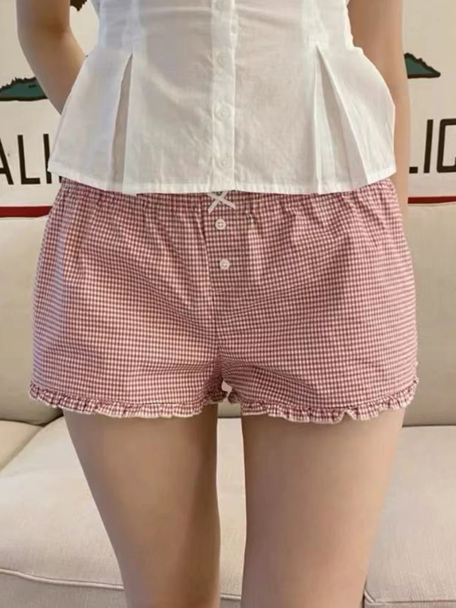 핑크 플래드 러플 반바지 여성 여름 투버튼 보우 밴딩 슬림 숏 팬츠 프레피 스타일 스윗 캐주얼 홈 박서 반바지
