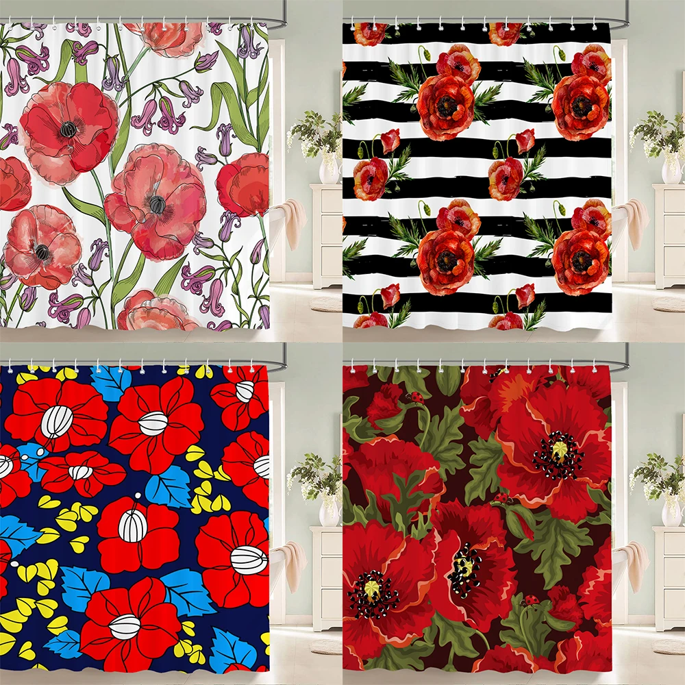 

Red Flowers Shower Curtains Waterproof Fabric Floral Bath Curtains For Bathroom Bathtub Large Wide Bathing Cover With Hooks