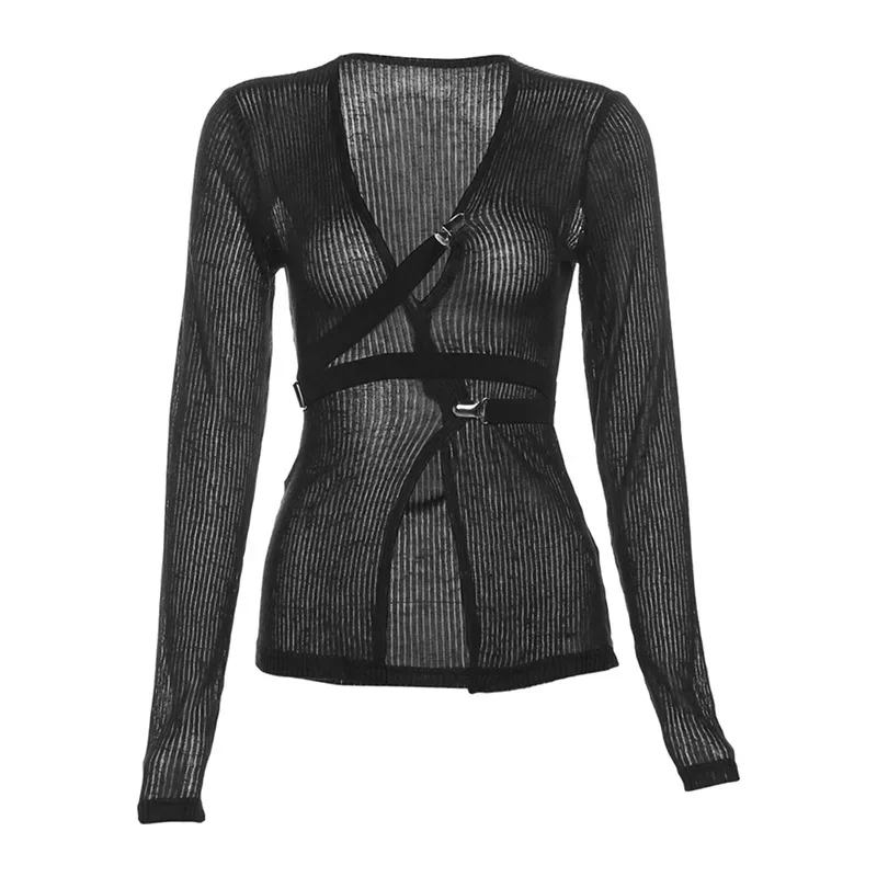 Mall Gothic Buckle V-Neck Sexy Blouses Y2k Punk Long Sleeve Transparent T-shirts Grunge Autumn Black Women Crop Tops