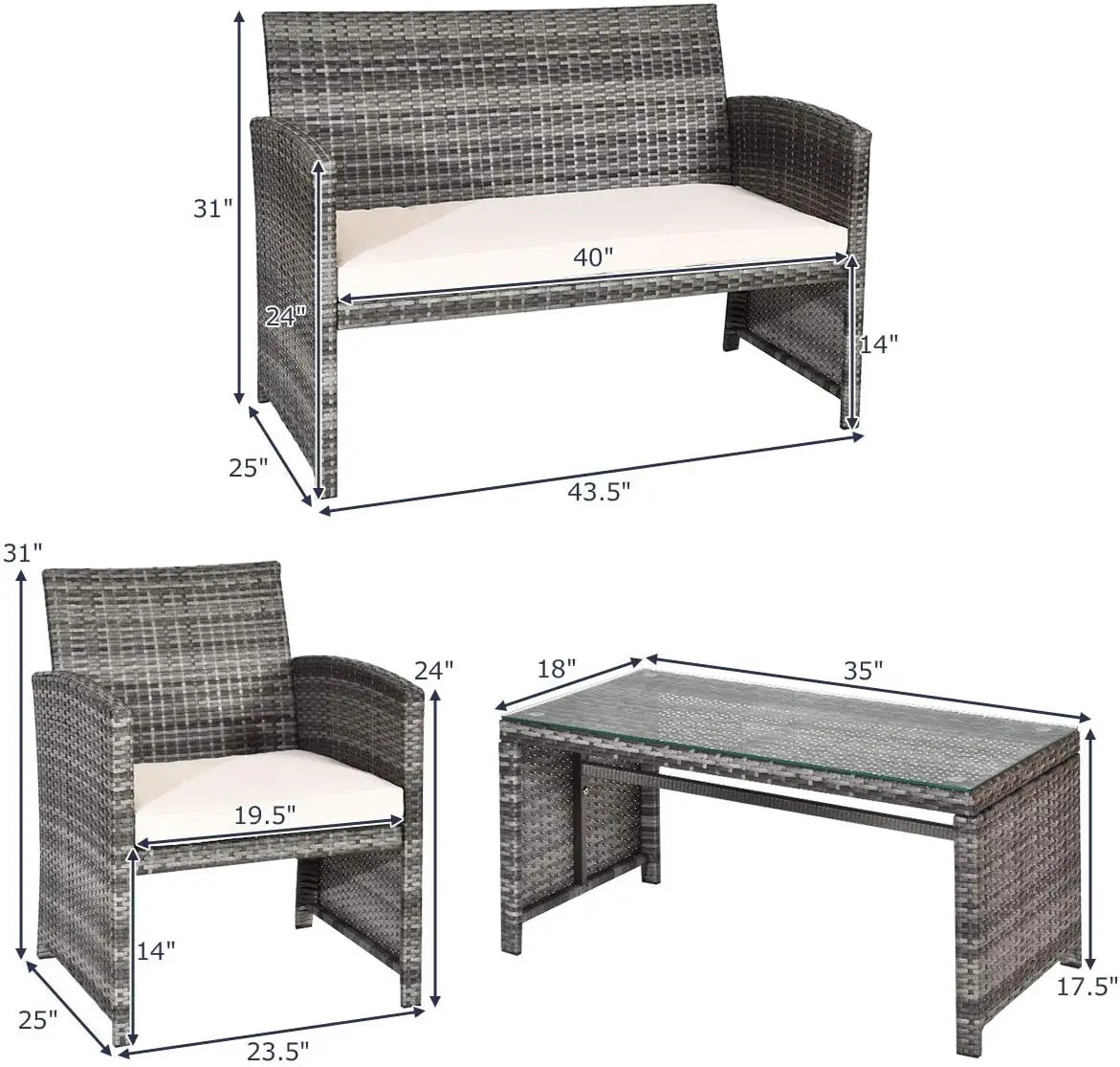 4 pc Rattan Terrassen möbel Garten Rasen Sofa gepolstert Sitz Mix grau Korb weide Gesprächs sets, 1, grau