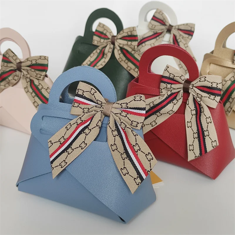 Leather Blue Gift Bags with Bow Tie Cosmetic Candle Packaging Bags Wedding Party Favors Candy Box Small Jewelry Box Packaging