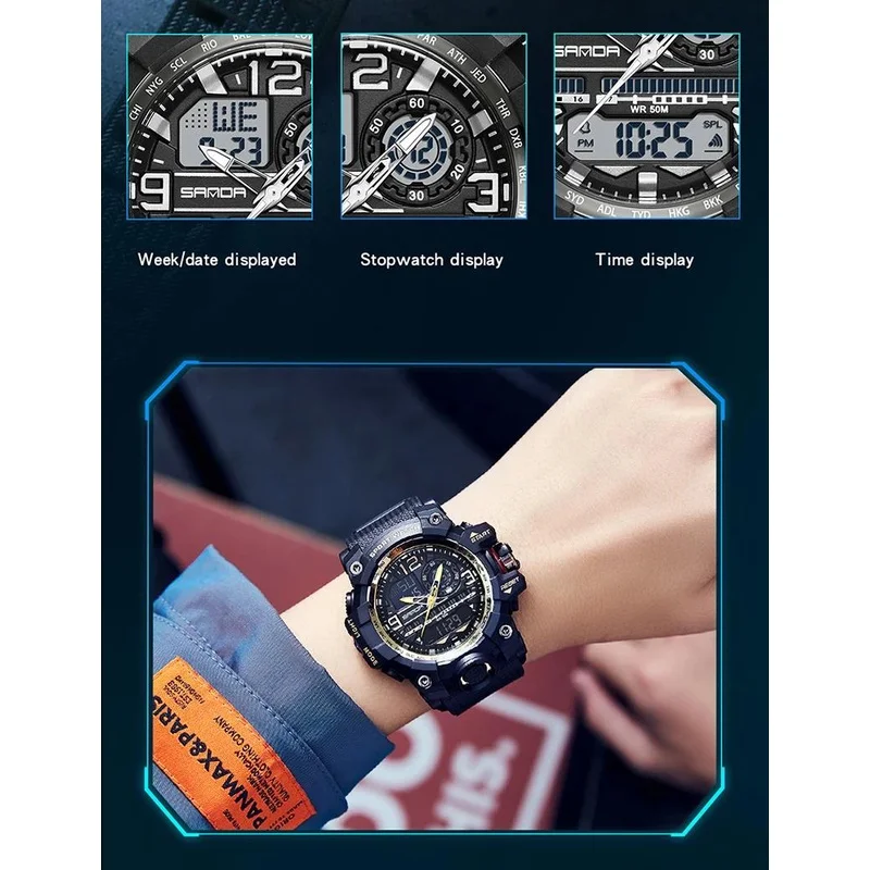SANDA Digitale Outdoor-Uhr Männer Militär Armee Sport Chronograph Quarz Armbanduhr Original 50 m Wasserdichte Männliche Elektronische Uhr