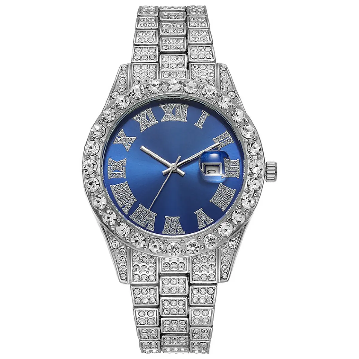 Homens Roman Graduado Diamantes Quartz Watch, Aço Band, Hip Hop, Calendário