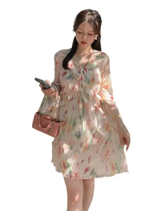 

Spring New Chiffon Women's V-Neck Dress Necklace Tie Sweet Fresh Romantic Printed Lightweight Gentle Korean Style Vestidos