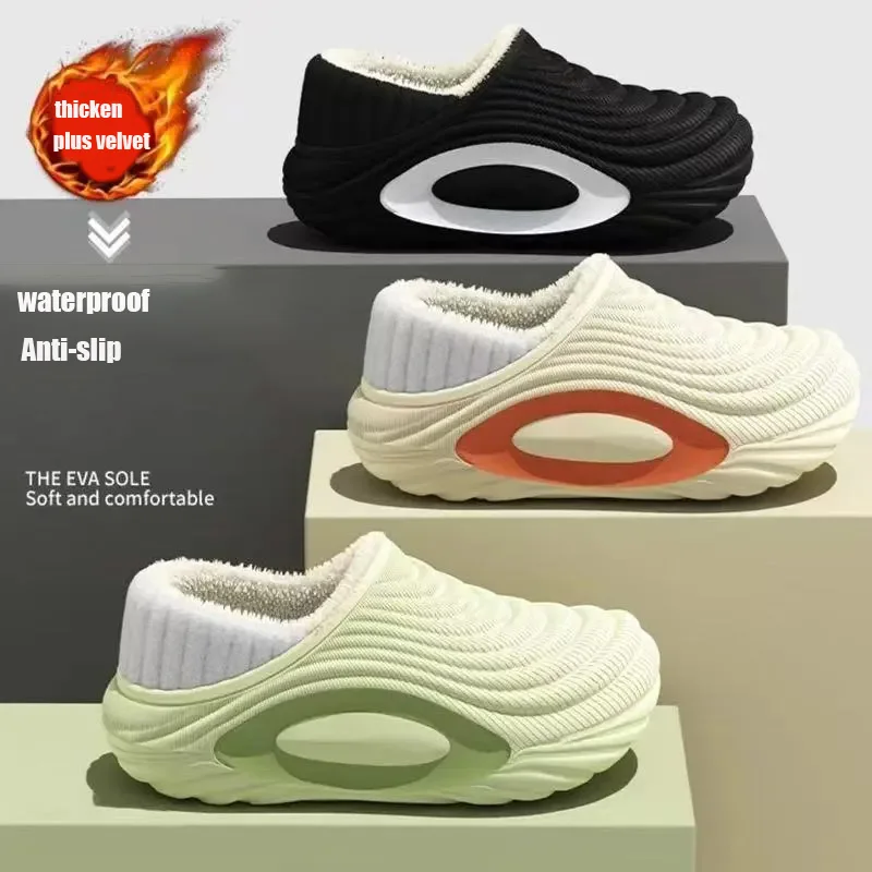 

Новые модные хлопковые мужские и женские тапочки, зимние теплые плюшевые утолщенные водонепроницаемые нескользящие тапочки, домашняя и уличная мужская теплая обувь