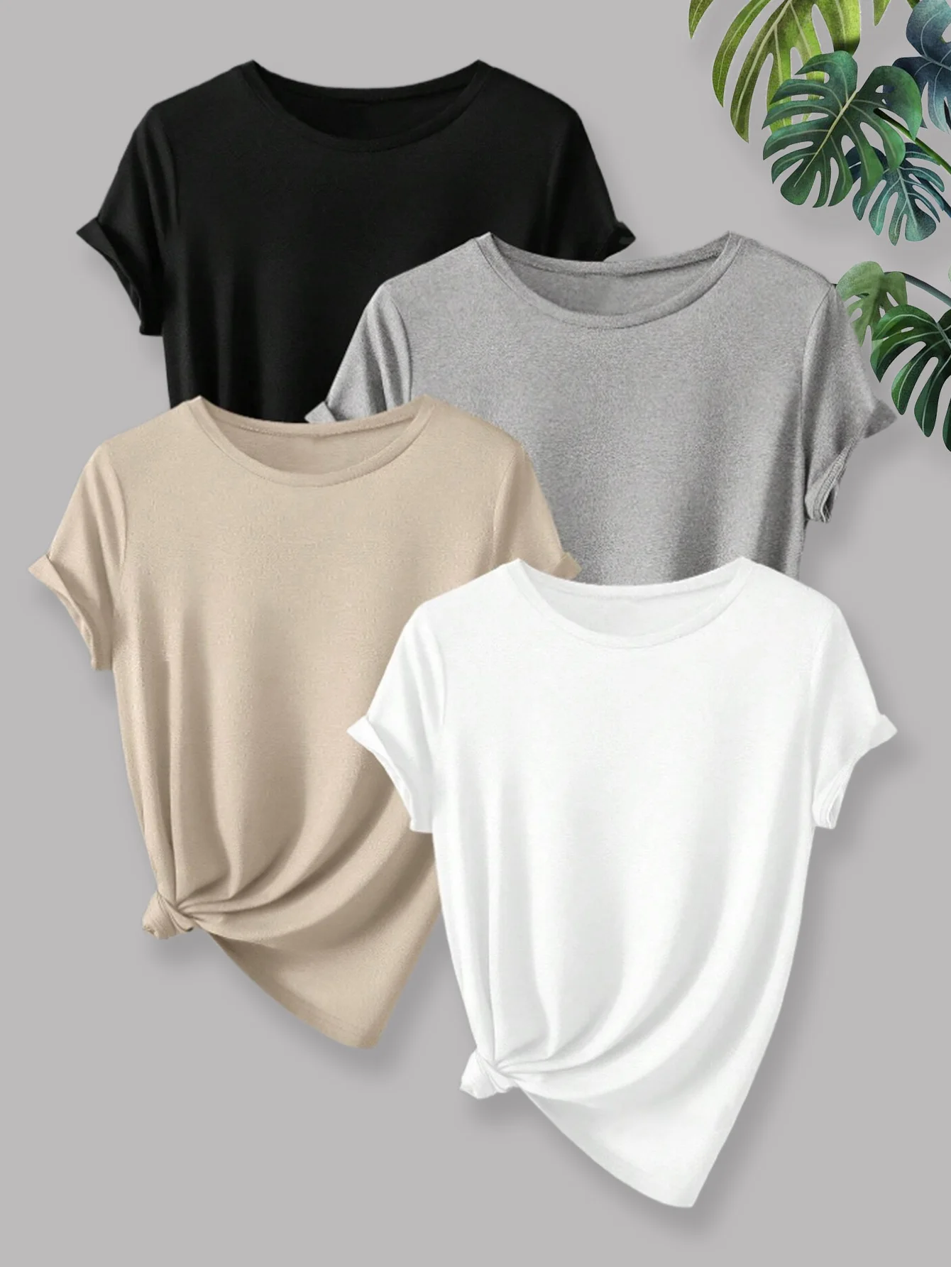 

Летний и осенний новый однотонный повседневный женский комплект из четырех предметов с круглым вырезом и короткими рукавами