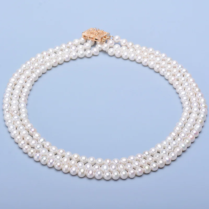 Noble Women Gift Jewelry Clasp Lovely 3 Rows Triple Strand 6-7mm 45cm White Natural Pearl Necklace Jewlery