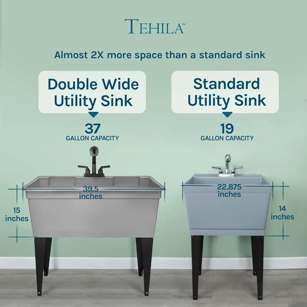 Restanding Double-Wide Utility Sink with Steel Legs & Black Pull-Out Faucet, Multi-pose Heavy-Duty Laundry Tub and Kitchen Sink
