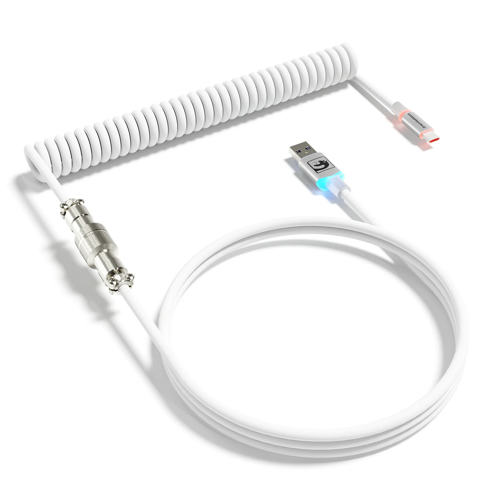 MAMBASNAKE C01 Cable USB-C ultraenrollado de doble manga con enchufe de luz RGB, aviador de metal desmontable, cable tipo C a USB-A