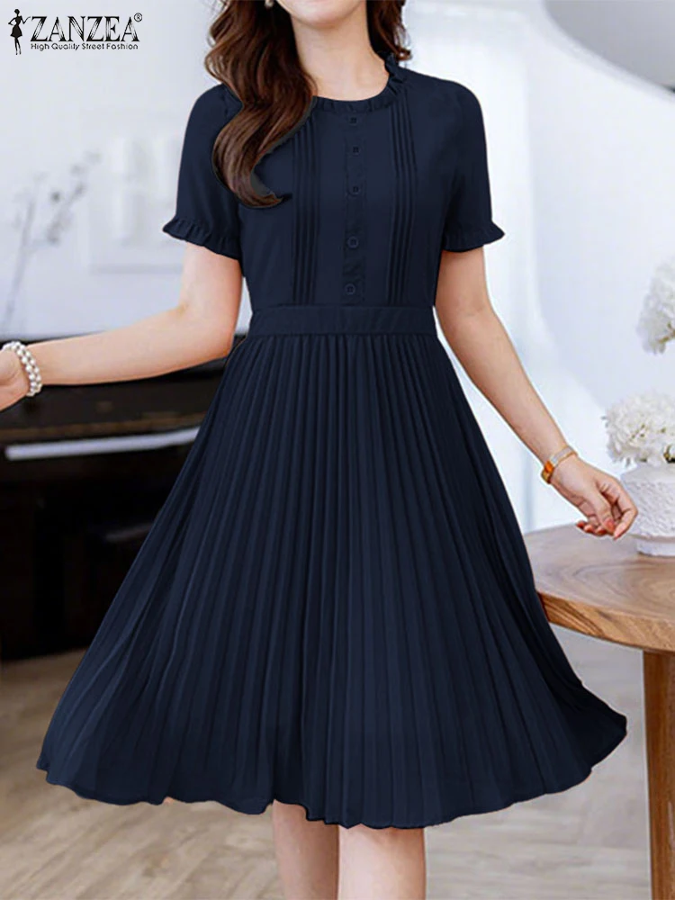2023 ZANZEA Sommer Büroarbeit Kleid Frauen Kurzarm O Neck Party Vestidos Plissee Sommerkleid Robe Femme Elegante Midi Kleider