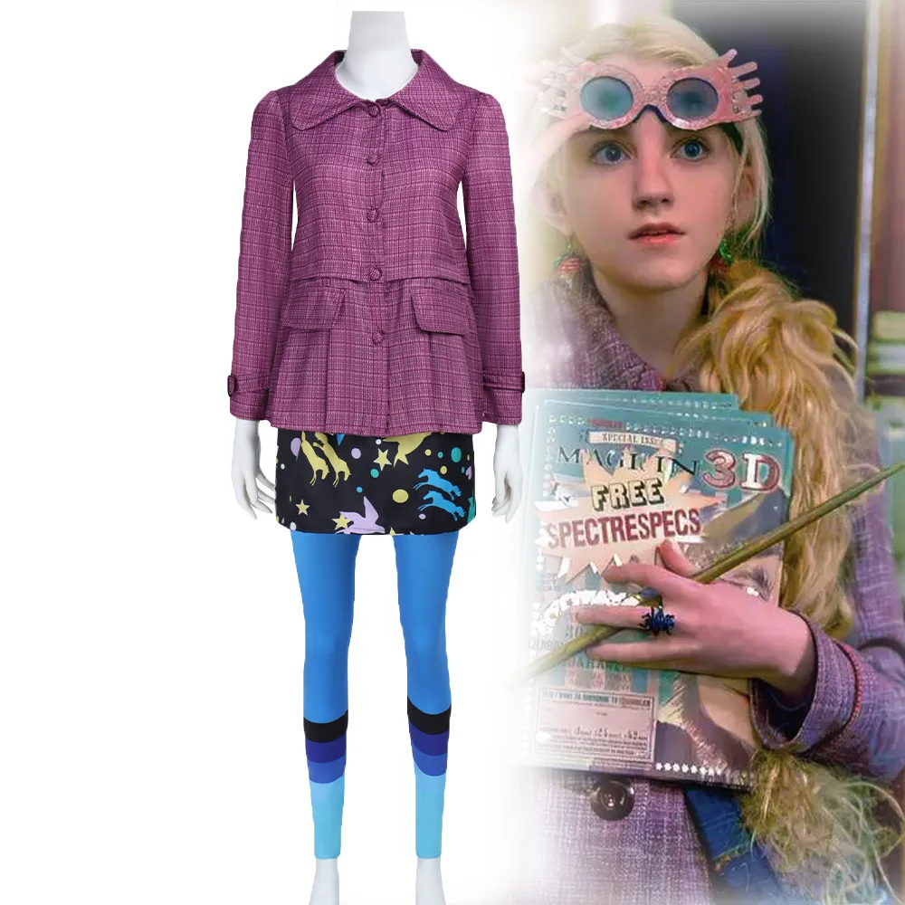 Halloween carnaval fiesta mujer niños ropa película mágica Luna Lovegood Cosplay disfraz púrpura a cuadros abrigo falda traje de calcetín