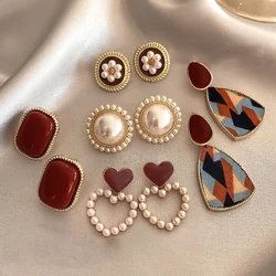 XINYI Wine Red Retro Style Earrings For Women No Pierced Female Temperament High Sense Pearl Earring Fashion Jewelry Enamel