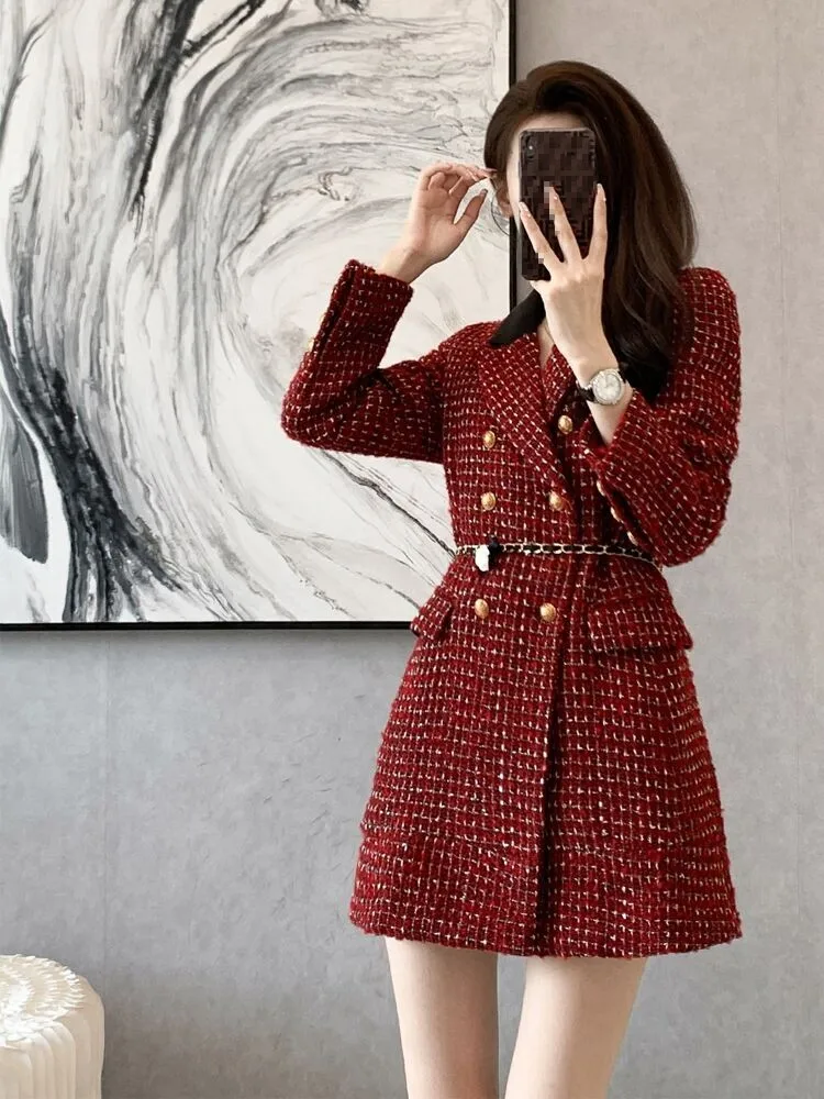 Elegant Women Double Breasted Tweed Jacket Autumn Slim Fit Office Lady Work Long Sleeve Dresses Vintage Plaid A Line Mini Dress