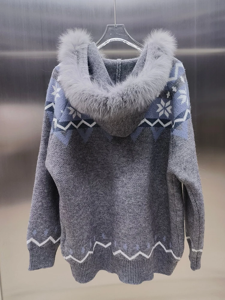 Damski kardigan oversize z dzianiny z prawdziwego futra lisa, sweter z kapturem z futra lisa, odzież wierzchnia, płaszcz damski.