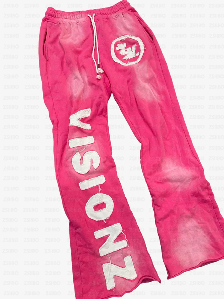 Sommer-Sale: Distressed Gradient Flare Pants – Unisex, elastischer Kordelzug, ausgefranste Buchstaben-Patches, Streetwear, weites Bein, lange Hose – Detail 3