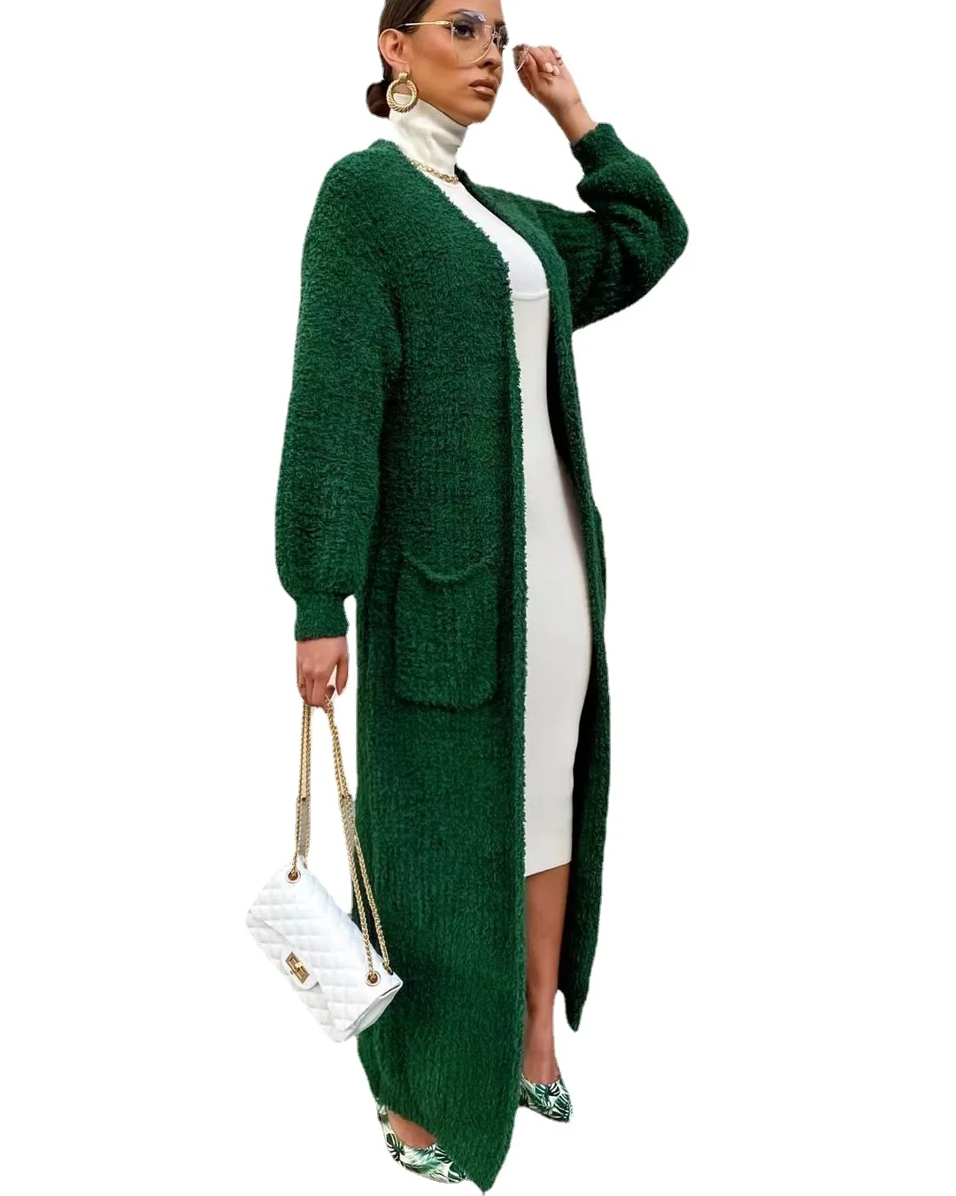 Long Cardigan Women Green Velvet Jacket Autumn Winter Loose Long Sleeve Y2k INS Sweater 2022 Warm Jumper Maxi Causal Cardigans