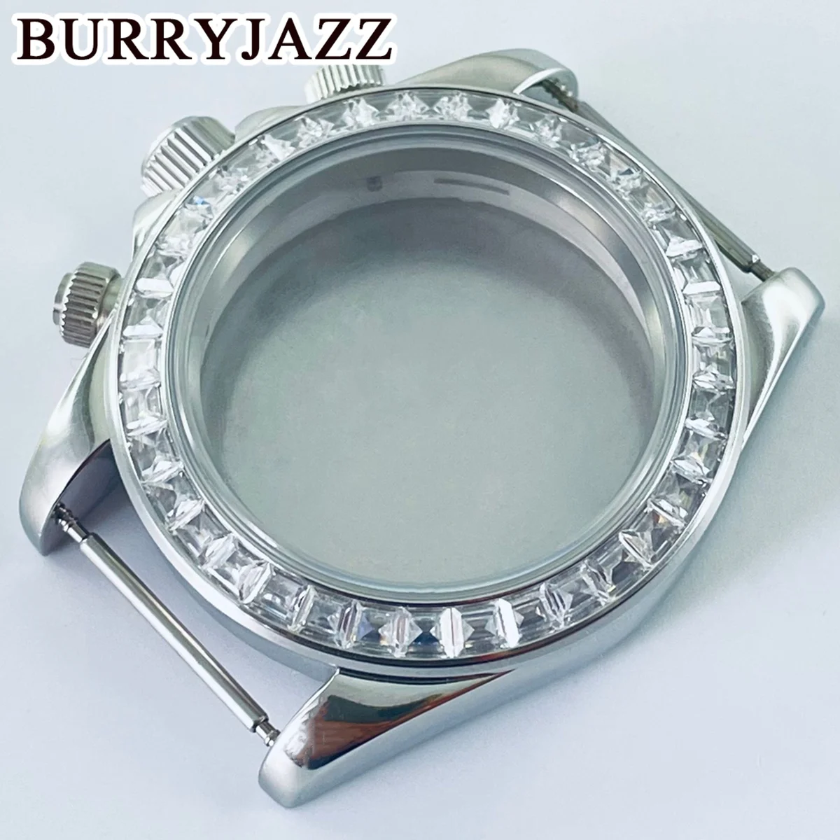 BURRYJAZZ 40mm apto para VK63 VK63A movimiento de cuarzo plata diamante cerámica bisel de acero cristal de zafiro accesorios de caja de reloj