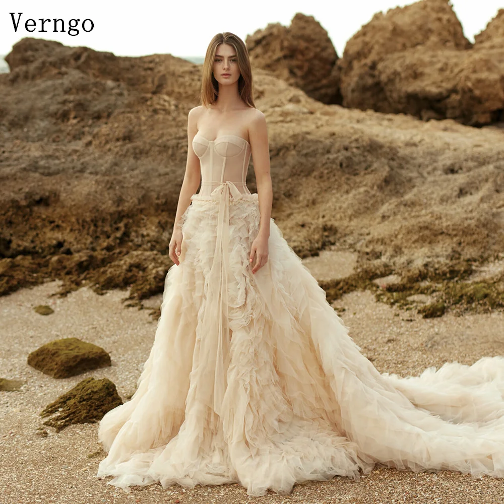 

Verngo lvory Tulle Wedding Dress Sweetheart A Line Elegant Princess Bridal Gowns Beach Sweap Train Bride Dress Customized