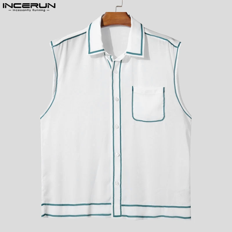 

INCERUN Men Shirt Patchwork See Through Lapel Sleeveless Casual Male Vests Streetwear 2025 Sexy Loose Fashion Men Clothing S-5XL