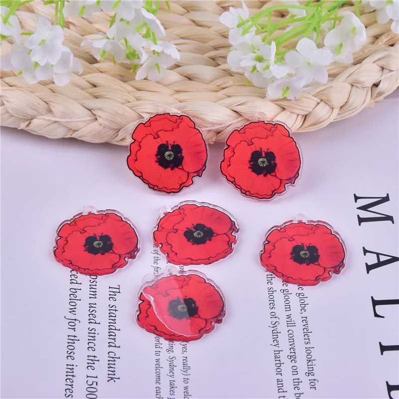 10pcs 29*32mm Poppy Flower Arcylic Charms for  Dangel Earring DIY  Jewelry Making Bulk Wholesale